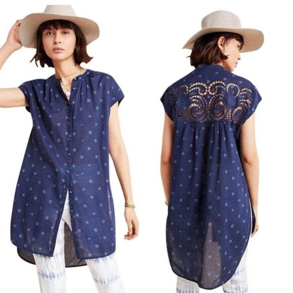 Anthropologie Blue Pilcro and The Letterpress Lace Embroidered Tunic - Picture 1 of 8